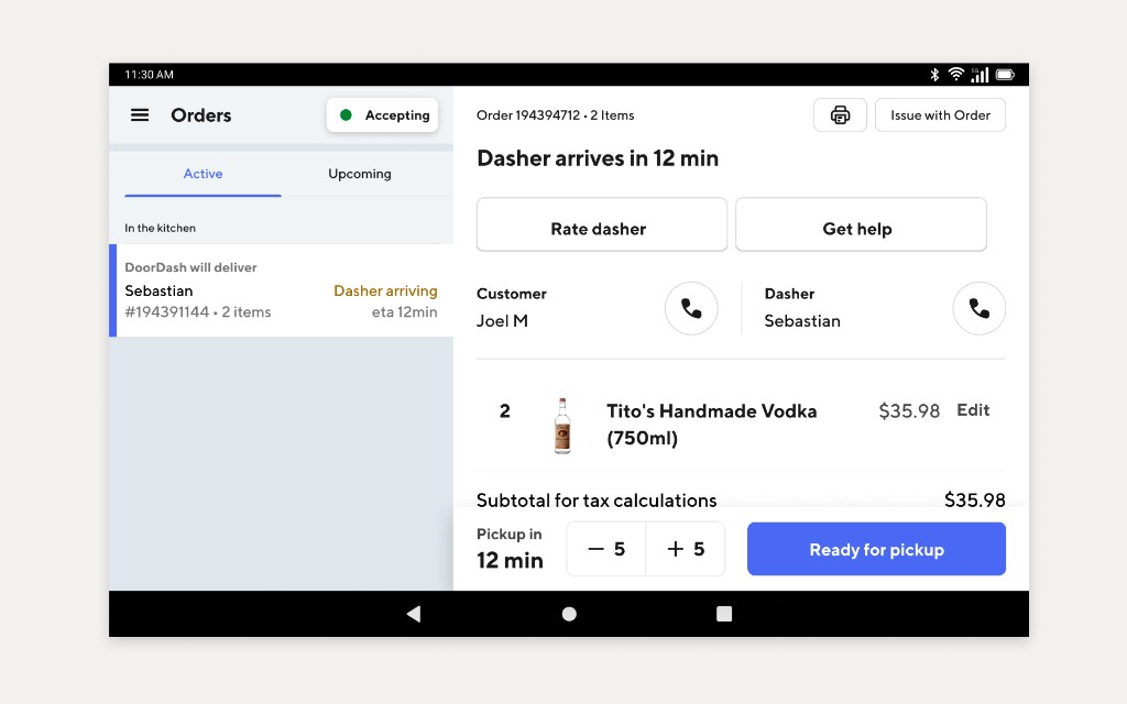 The existing tablet order fulfillment tool showing an active order